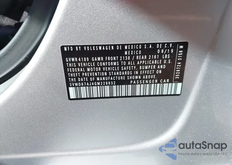 2016 Volkswagen Jetta 1.4T Se z USA, uszkodzony, nr VIN 3VWD67AJ4GM228832